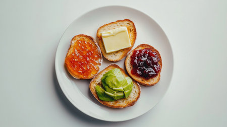 A beautifully arranged plate of golden-brown toasted bread slices topped with various spreads like butter, jam, and avocado, set against a bright white background for a fresh and inviting look.の素材