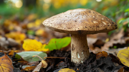 A stunning close-up of a mushroom standing tall amid colorful autumn leaves, capturing the beauty of nature and seasonal changes in a tranquil forest environment.の素材
