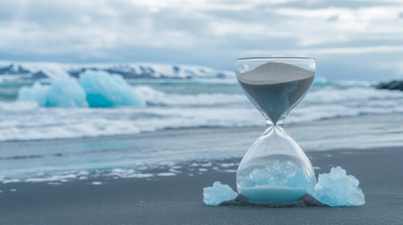 A striking hourglass sits gracefully on a tranquil beach, surrounded by shimmering ice and gentle waves. This serene scene captures the essence of time and nature's beauty.の素材
