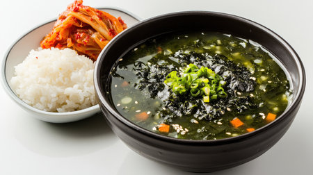 A beautiful food photography shot of a bowl of hot seaweed soup served with a side of rice and kimchi, creating a colorful and appetizing composition on a white backgroundの素材