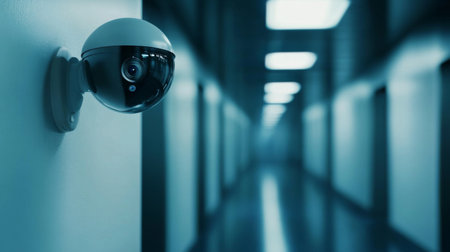 A close-up view of a security camera mounted in a dim corridor, emphasizing technology in modern surveillance. The blue tones create an atmosphere of caution and vigilance.の素材