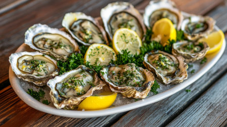 A beautiful platter of freshly shucked oysters garnished with lemon slices and herbs, perfect for seafood lovers and gourmet dining experiences.の素材