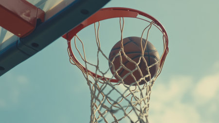 A vibrant basketball soaring through a hoop, captured against a clear blue sky, showcasing the excitement of outdoor sports and athletic skill.の素材