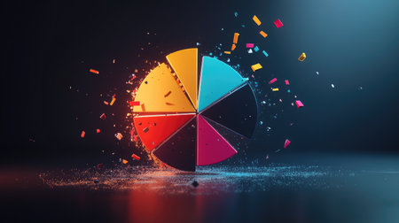 A 3D exploded pie chart with each segment floating apart from the center, vividly colored and illuminated, representing data comparison.の素材