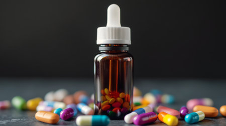 A glass bottle with a dropper sits among vibrant capsules and pills on a dark surface, showcasing the world of health and medication in striking detail.の素材