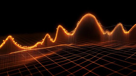 This abstract image features a glowing orange wave pattern set against a dark background, representing data visualization and dynamic movement in technology and science.の素材