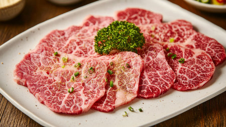 Close-up of freshly sliced wagyu beef arranged on a white plate, garnished with green herbs. This gourmet dish showcases marbled texture and premium quality.の素材