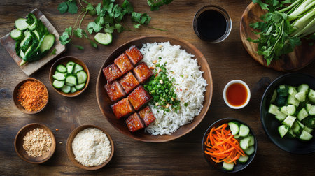 A beautifully arranged Thai meal featuring crispy pork belly alongside fragrant jasmine rice, fresh vegetables, and spicy dipping sauce, capturing the essence of Thai cuisine.の素材