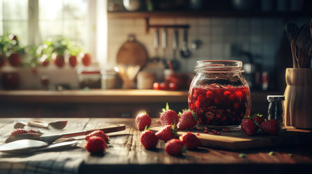 A beautiful jar of homemade strawberry jam sitting on a rustic kitchen counter, surrounded by fresh strawberries and baking utensils, evoking a cozy atmosphereの素材
