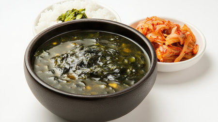 A beautiful food photography shot of a bowl of hot seaweed soup served with a side of rice and kimchi, creating a colorful and appetizing composition on a white backgroundの素材