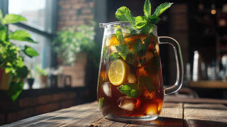 A clear glass pitcher filled with iced tea and ice cubes, garnished with mint leaves and lemon slices, set against a rustic wooden table for a cozy summer vibe.の素材
