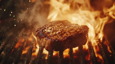 A close-up shot of a juicy steak sizzling on a hot grill, with flames licking the edges and mouthwatering juices escaping, showcasing the art of barbecue cooking.の素材