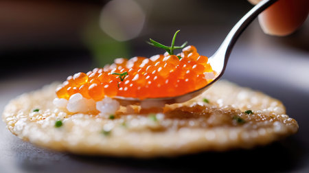 A close-up of fresh shrimp roe being carefully spooned onto a crispy rice cracker, garnished with herbs, capturing the freshness and exquisite flavor of this gourmet treatの素材
