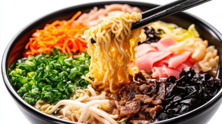 A close-up of ramen noodles being lifted with chopsticks, showcasing their texture and richness in a bowl filled with colorful toppings, all on a white background.の素材