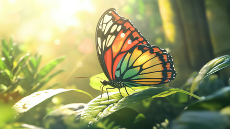 A colorful butterfly perched delicately on a lush green leaf, its wings spread wide, basking in the natural sunlight of a peaceful garden.の素材