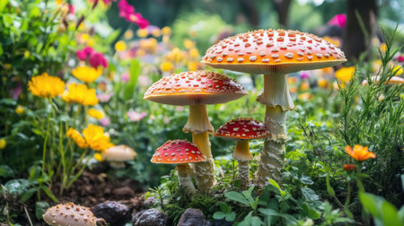 A colorful scene of mushrooms growing in a fairy-tale-like garden, with flowers and greenery surrounding them, creating a whimsical atmosphereの素材