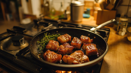 A cozy home kitchen with a pan of sizzling deep-fried pork belly, complemented by aromatic herbs and spices, creating a warm and inviting atmosphereの素材