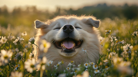 A close-up shot of a fluffy dog with a big smile, covered in grass and wildflowers, enjoying a playful afternoon outdoors, radiating happinessの素材