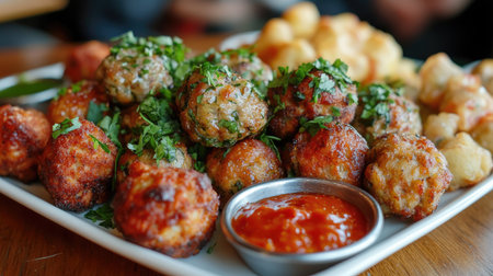 A close-up shot of a plate filled with various types of meatballs, garnished with fresh herbs and served with dipping sauces, showcasing a mouthwatering appetizerの素材