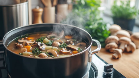 A cozy kitchen scene with a pot of mushroom soup simmering on the stove, with fresh herbs and mushrooms beautifully arranged in the backgroundの素材