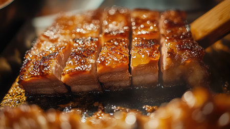 A close-up shot of succulent pork belly being sliced, revealing its perfectly cooked layers of meat and fat, with a glistening crust, emphasizing the dish's appeal and craftsmanshipの素材