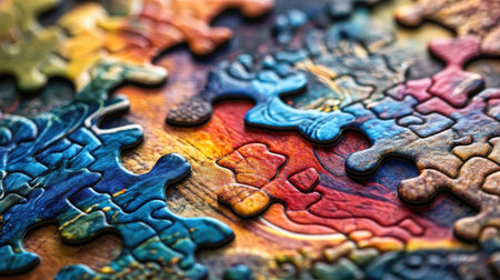 A close-up of uniquely shaped jigsaw puzzle pieces, highlighting their intricate designs and vibrant colors, emphasizing the beauty of the puzzle artの素材