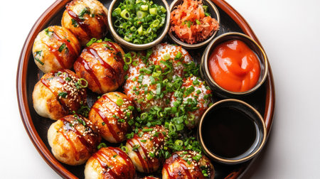 A colorful platter of takoyaki served with dipping sauces and chopped green onions, arranged artistically on a white background, highlighting the vibrant colors and textures.の素材