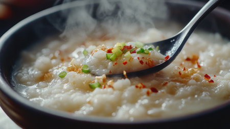 A close-up shot of a spoon scooping hot rice porridge from a bowl, with steam rising and fresh ginger, green onions, and chili flakes sprinkled on top.の素材