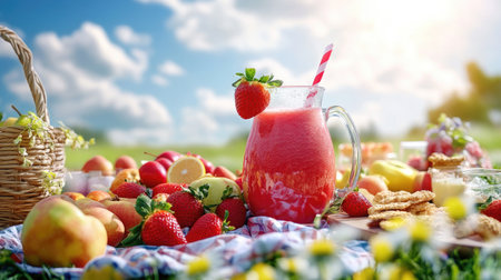 A colorful summer picnic scene featuring a pitcher of strawberry smoothie surrounded by fruits, snacks, and a sunny backdrop, inviting friends to enjoy the dayの素材