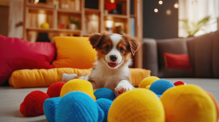 A cozy indoor scene of a puppy playing with a pile of colorful toys, surrounded by scattered cushions and laughter, creating a warm and inviting atmosphereの素材