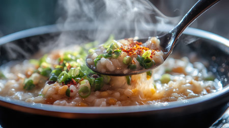 A close-up shot of a spoon scooping hot rice porridge from a bowl, with steam rising and fresh ginger, green onions, and chili flakes sprinkled on top.の素材