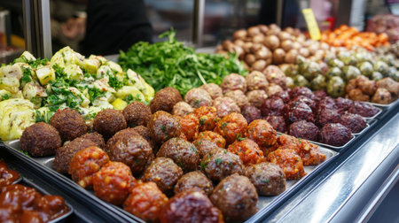 A colorful market stall displaying an array of meatball options, from beef to chicken and vegetarian varieties, inviting customers to explore different flavorsの素材