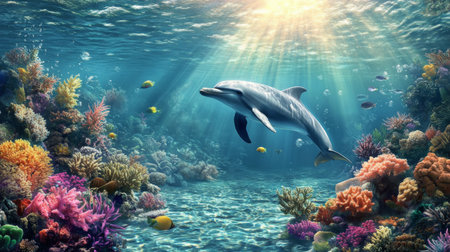 Experience the stunning underwater world featuring a dolphin gracefully swimming among diverse coral reefs and vibrant marine life, illuminated by sunlit rays.の素材