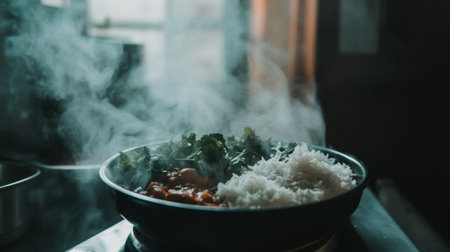 A steaming bowl of rice paired with fresh vegetables, captured in a modern kitchen. This image highlights the warmth and aroma of home-cooked meals.の素材