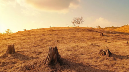 A stunning dry landscape features tree stumps scattered across a hill, with an isolated tree silhouetted against a warm sunset sky. The scene captures the essence of nature's tranquility and environmental change.の素材