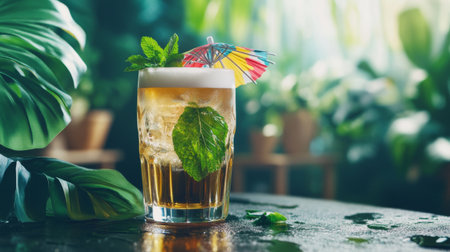 This vibrant cocktail showcases fresh mint and a colorful umbrella, set against a lush green background. Perfect for summer gatherings or relaxing moments.の素材