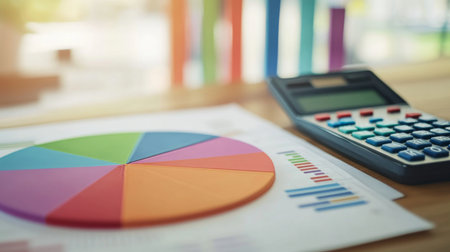 A vibrant pie chart and a calculator sit on a wooden table surrounded by financial reports, illustrating data analysis and business planning in a professional workspace.の素材