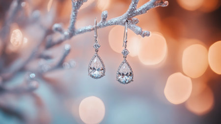 Stunning close-up of elegant teardrop earrings featuring sparkling crystals. Perfect for winter decor, these earrings capture light beautifully.の素材
