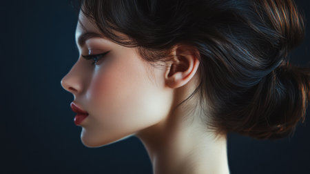 A stunning profile of a woman showcasing smooth skin and stylish hair. The image captures beauty and elegance against a dark background, highlighting serene features.の素材