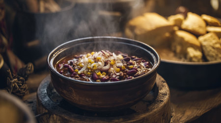 A steaming bowl of hearty bean soup topped with fresh vegetables and served with rustic bread. Perfect for cozy meals and seasonal gatherings.の素材
