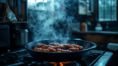 A close-up of sizzling sausages in a frying pan, emitting steam in a cozy kitchen setting. The inviting aroma and warmth create a delicious culinary atmosphere.の素材