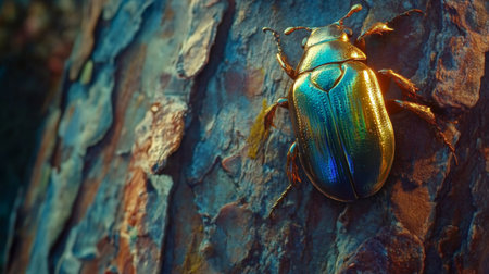 This stunning close-up captures a vibrant beetle perched on textured tree bark, showcasing its iridescent colors. The intricate details highlight nature's beauty.の素材