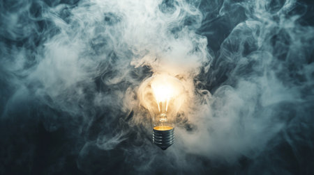 This image features a glowing light bulb surrounded by swirling smoke, creating an intriguing and mysterious atmosphere. Ideal for creative projects.の素材