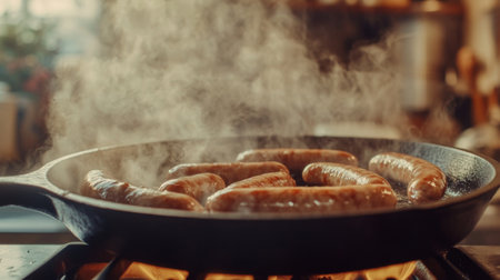 Juicy sausages are sizzling in a hot skillet, releasing steam and mouthwatering aromas. This image captures the essence of cooking in a cozy kitchen setting.の素材