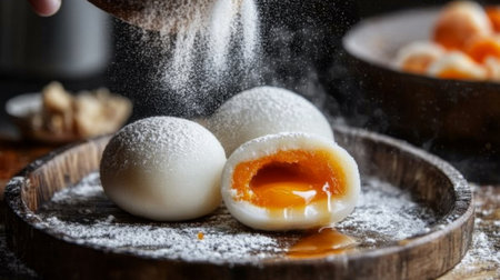 Soft and sweet mochi desserts resting on a wooden plate, dusted with powdered sugar and revealing a gooey golden filling. Perfect for any occasion.の素材