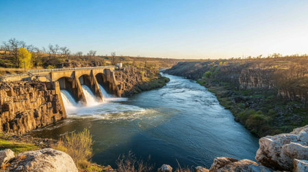 A picturesque river scene showcasing a dam with cascading waterfalls, flanked by rocky outcrops and lush greenery under a bright blue sky.の素材