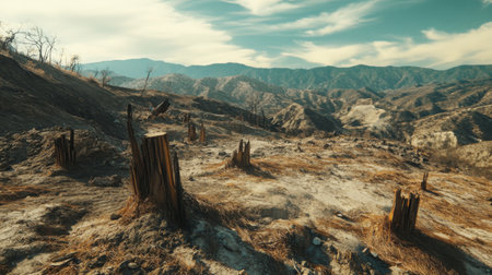 A striking view of a burned forest area showcasing stumps surrounded by dry earth and scenic mountains under a vivid sky, emphasizing environmental changes.の素材