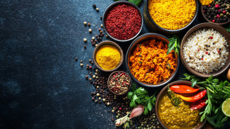 A colorful array of spices and herbs arranged in bowls, showcasing vibrant colors and textures perfect for culinary creations and delicious meals.の素材
