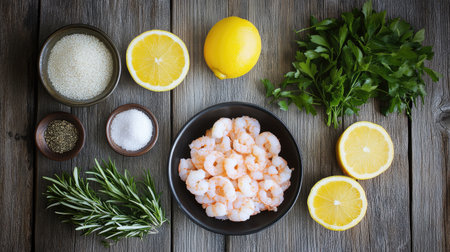 A creative flat lay of ingredients for a shrimp roe dish, including fresh herbs, citrus, and spices, arranged on a rustic wooden table, inspiring culinary creativityの素材