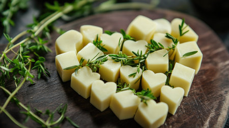 A creative shot of cheese cubes arranged in the shape of a heart, garnished with fresh herbs, presenting a romantic touch perfect for date nights or special occasions.の素材